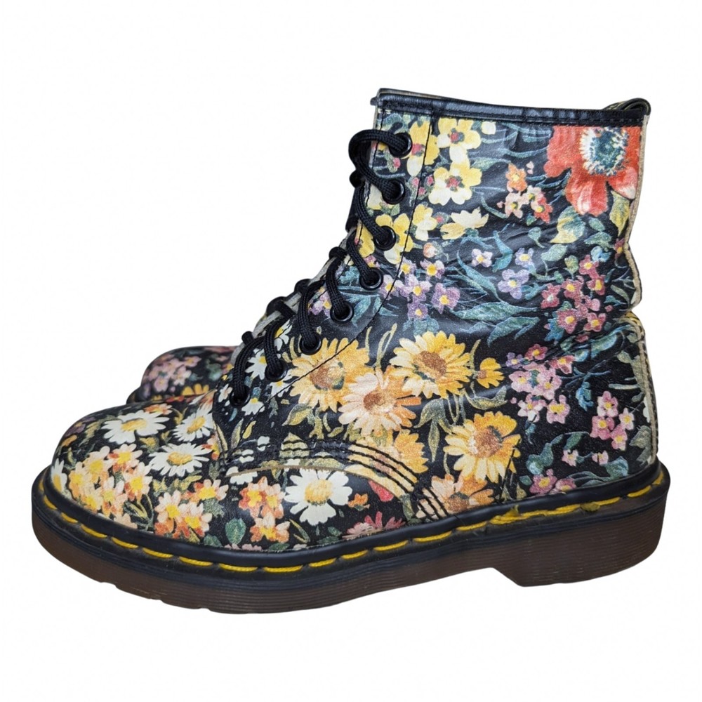 Dr. Martens Floral Combat Boots - Black and Multicolor